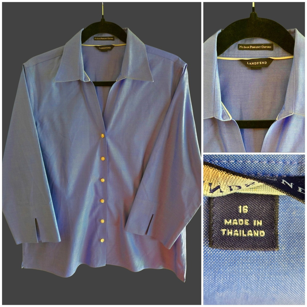 Women's Lands' End Blue Casual Button Down Shirt 3/4 Length Sleeve SIZR 16